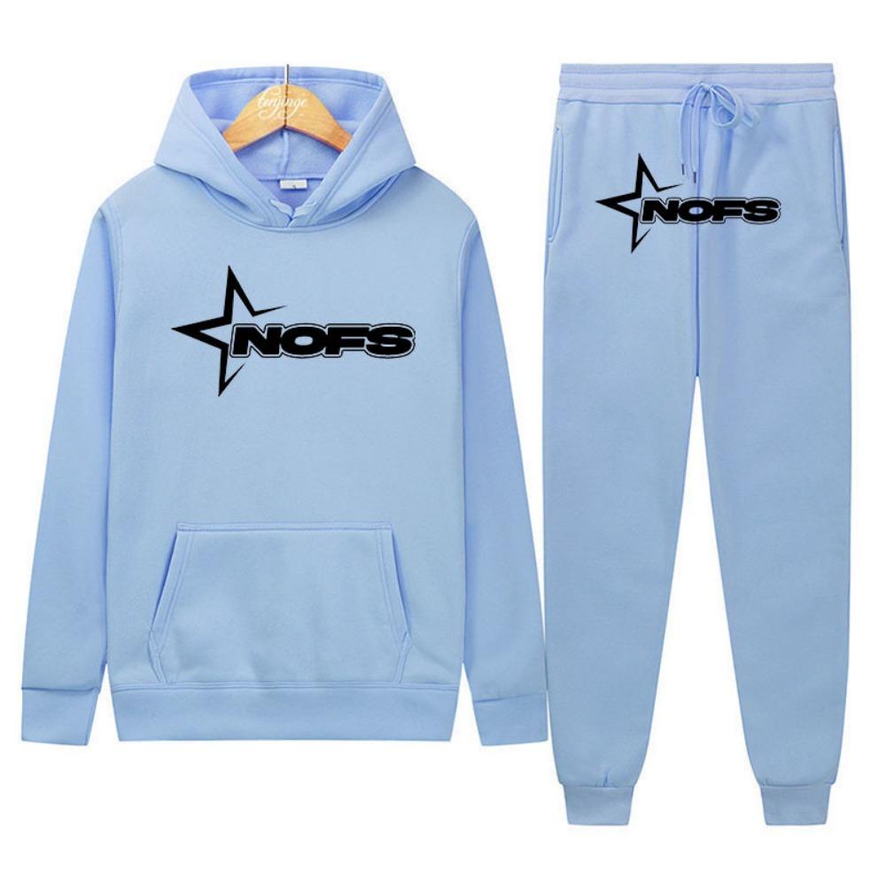 Neues hellblaues Set Y2K Herren-Set Streetwear Hip Hop Print Locker Hoodie Zweiteiliges Set