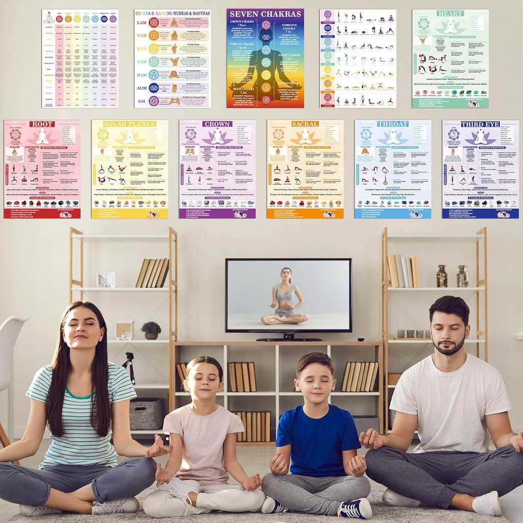 11pcs Chakras Posters (14.2 x 11.0 in) Yoga Poses Posters Set, Healing Meditation Yoga Pose with Crystals & Affirmations Quick Reference Guide,