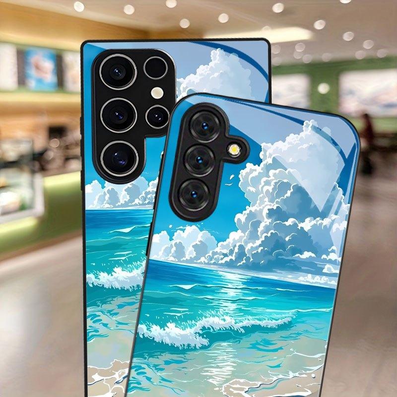 Blue Wave Cloud Pattern Tempered Glass Phone Case for Samsung Galaxy S26 S25 S24 S23 S22 S20 Fe/plus/ultra Anti Drop