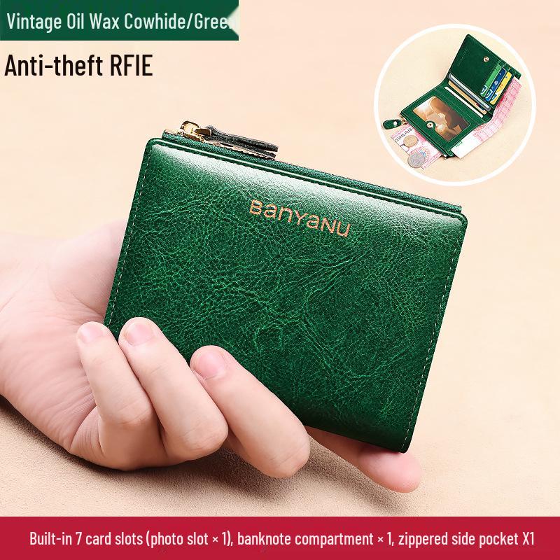 

2024 Women s Ultra-Thin Cross-Border Genuine Leather Coin Purse: Retro Oil Wax Cowhide with Driver s License Card Holder.