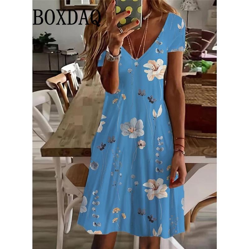 Women's Casual Dress Summer Plant Floral Print V Neck Midi Dress Vintage Daily Short Sleeve Loose Plus Size Dresses 6XL Sundress