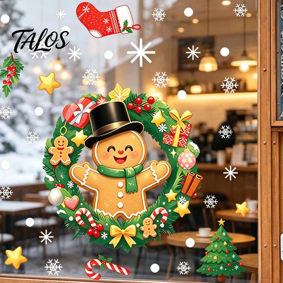 Gingerbread Man Decals Christmas Static Window Sticker, Wreath Pattern Print PVC Removable Decal, Decorative Film Waterproof Glass Cling for