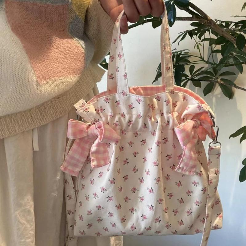 Cute Floral Print Handbag 3-in-1 Versatile Storage Shoulder Bag With Bow Decor Ruffle Edge Design Women Pink Crossbody Phe Bag