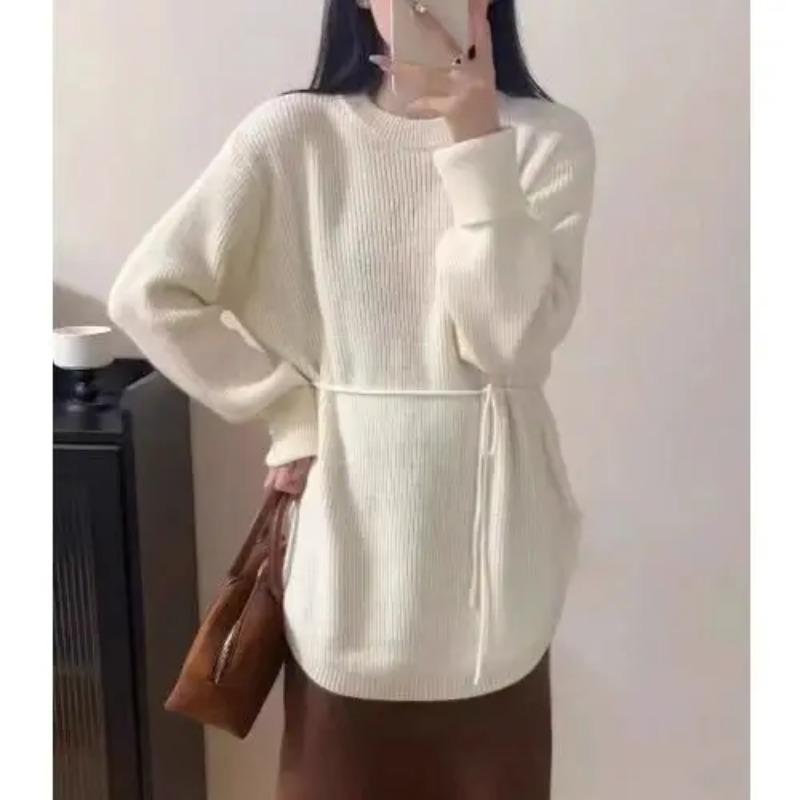Women Lazy Style Belted Sweater Spring Autumn Fashion Loose Waist Slimming Knitwear Long Top