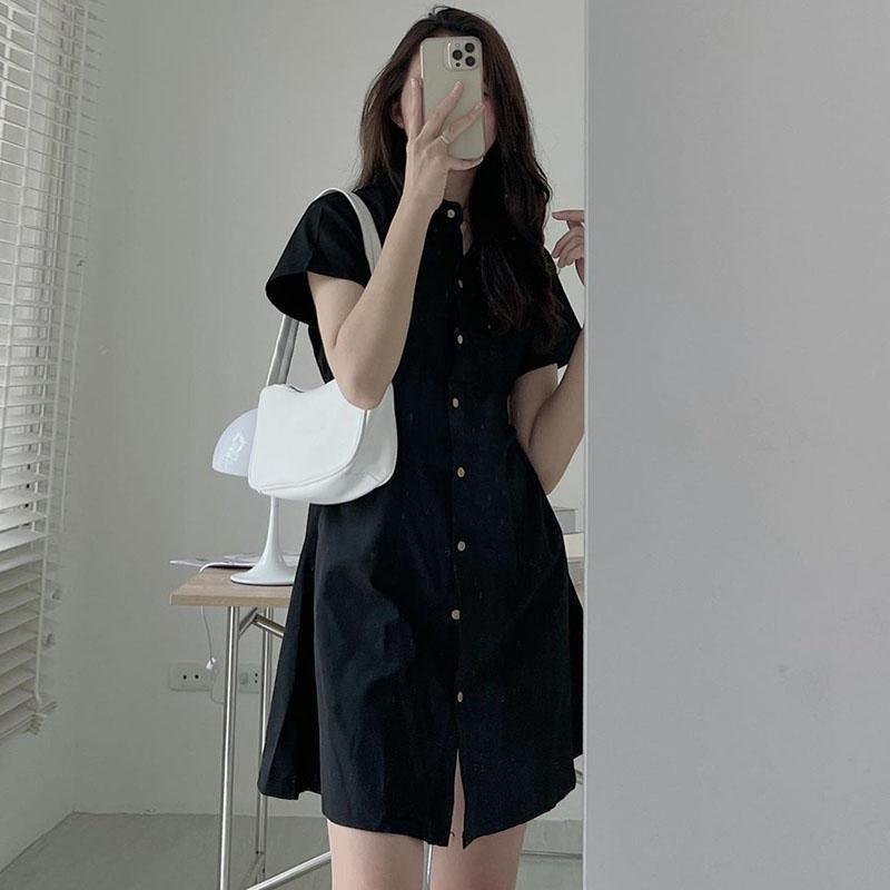 

Korean Chic Single-Breasted Shirt Dress: Petite Lapel, Short Sleeve, Waist-Defining Summer Style 2026 S (Recommended for 80-90 jin) чорний