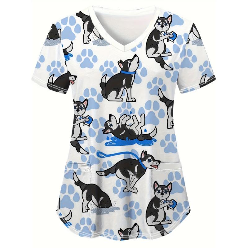 Medical Uniform for Women Cute Cat and Dog Print V-Neck Clinical Uniform Short Sleeve Patch Pocket Tops Surgical Uniforms Woman