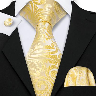 Barry.Wang Men Yellow Tie Floral Jacquard Woven Wedding Necktie Handkerchief Cufflinks Set