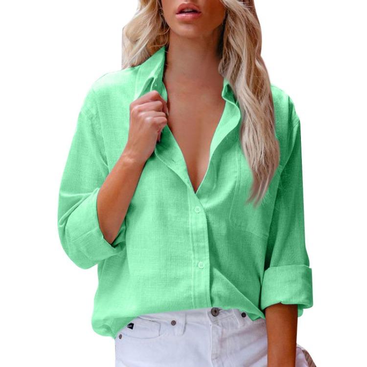 Classic Women's Long Sleeve Cotton Linen Shirt Lapel Button Blouse