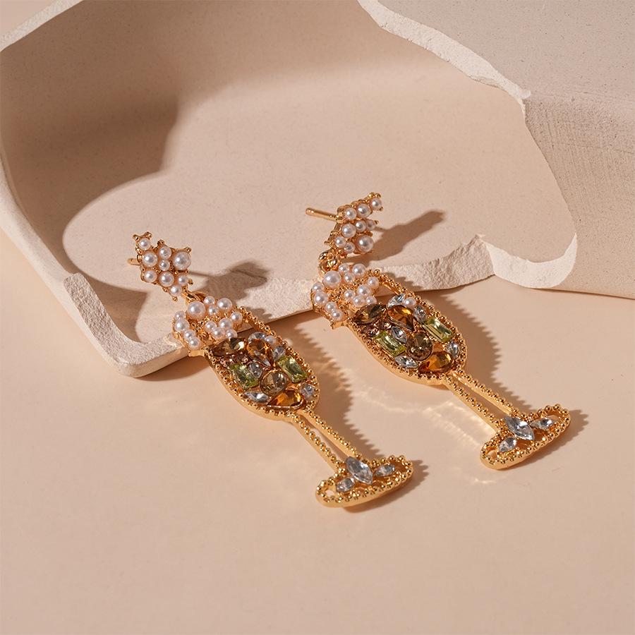 

Элегантные серьги-пуссеты в виде бокалов для вина со стразами и искусственным жемчугом - Европейский и американский стиль