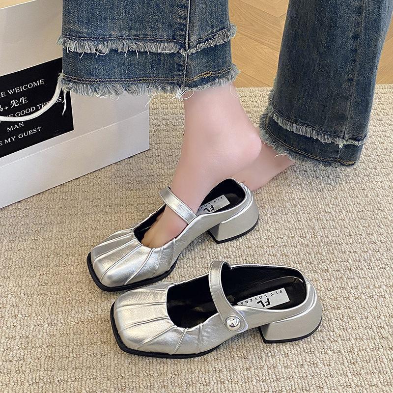 High-heeled bag head half slippers women's outer wear 2025 new spring and summer thick heel medium heel silver Mary Jane single shoes sandals