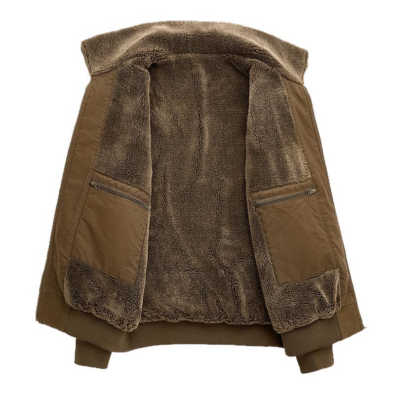 Men's Winter Plus Velvet Warm Cotton Workwear Jacket with Lapel for Cold Protection