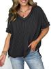 Women European Style V Neck Batwing Sleeve Spliced Slit Loose Pullover T Shirt
