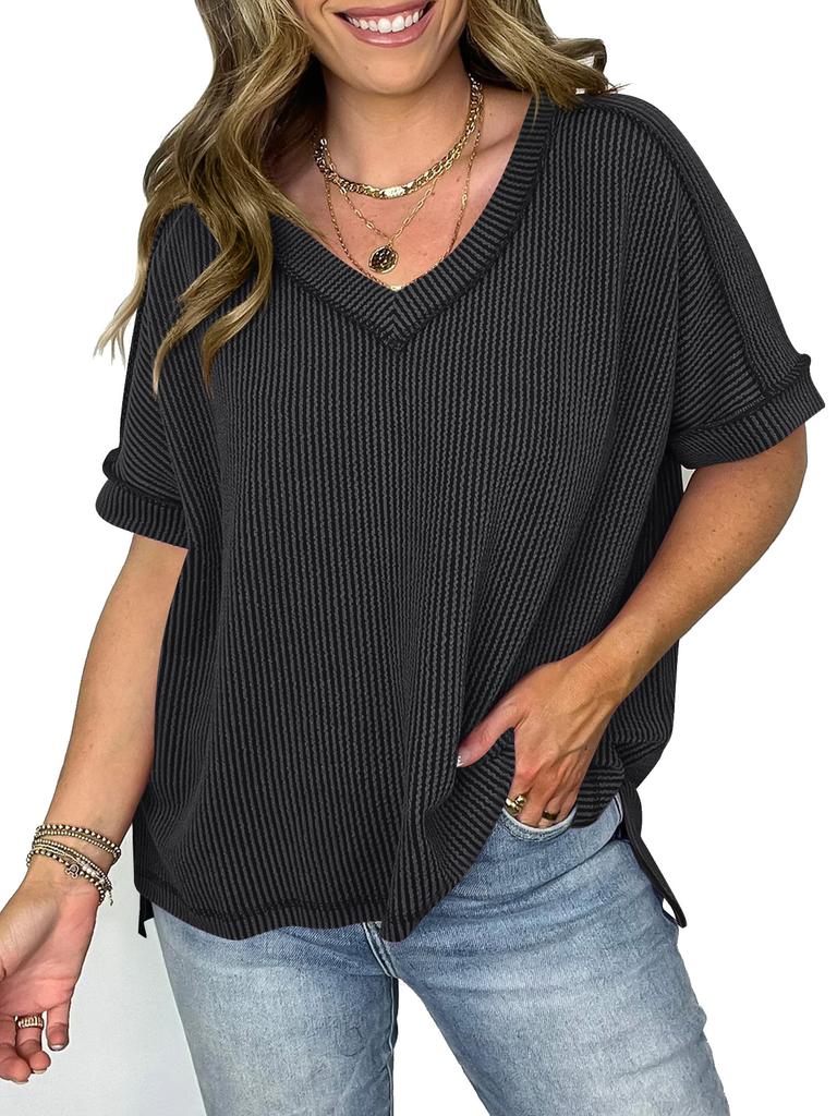 Women European Style V Neck Batwing Sleeve Spliced Slit Loose Pullover T Shirt