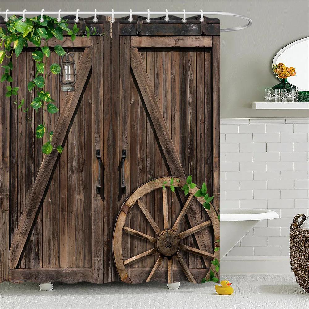 Retro Holz Türen Duschvorhang Set Rustikal Alt Vintage Scheunentor Stoff Badezimmervorhänge Bauernhaus Baddeko Badwände Haken