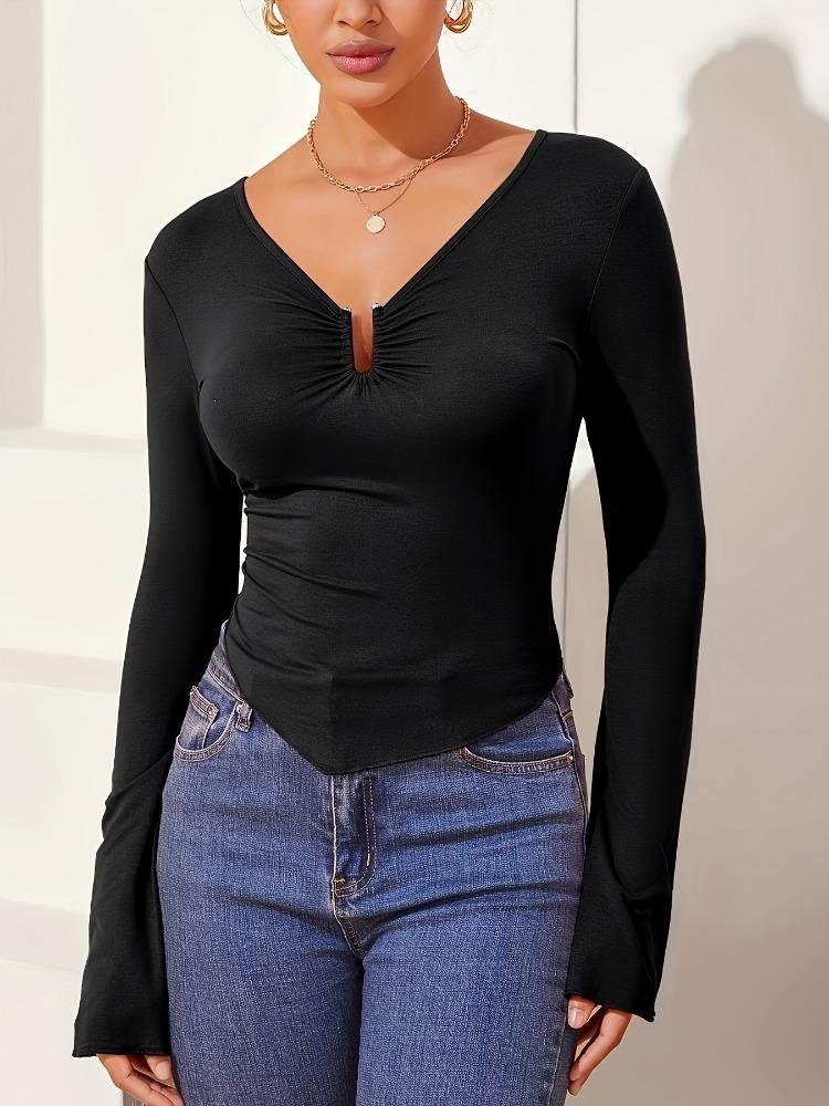 Autumn Winter Solid Slim Base Layer T Shirt Long Sleeve Shirt Women's Sexy V Neck Fashion Daily Basic Office Lady Casual Slim Fit Ladies Elegant Top