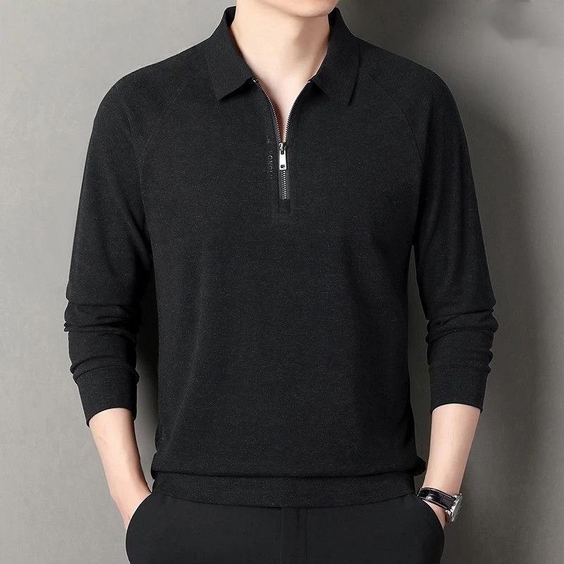 

Spring Autumn Casual Men s Lapel Half-zip Long-sleeved T-shirt Business Polo Shirt Loose Autumn Knitted Sweater 4XL чорний