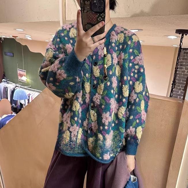 DIMANAF 2025 Flower Sweaters Cardigan Autumn Women Print O-Neck Sweaters Knitting Loose Blue Sweater