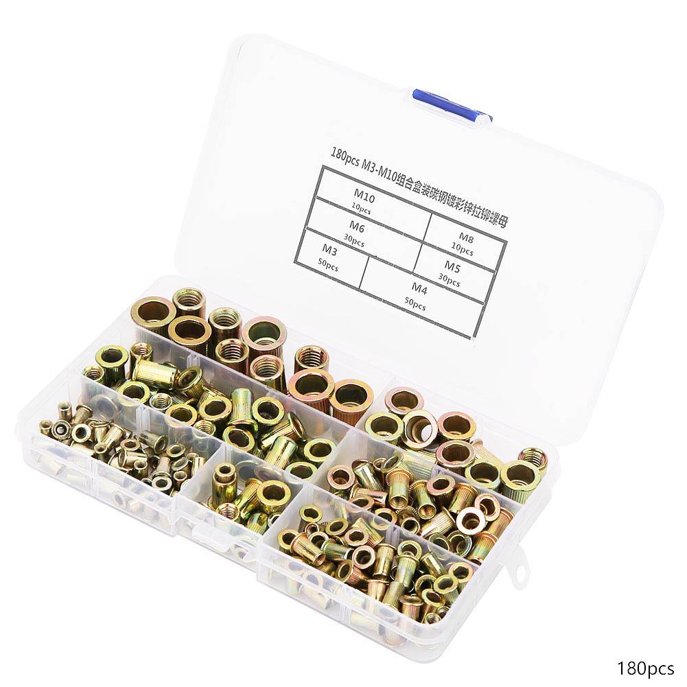 180pcs M3 M10 Rivet Nut Kit Zinc Plated Carbon Steel Flat Head Threaded Insert Rivet Nutsert