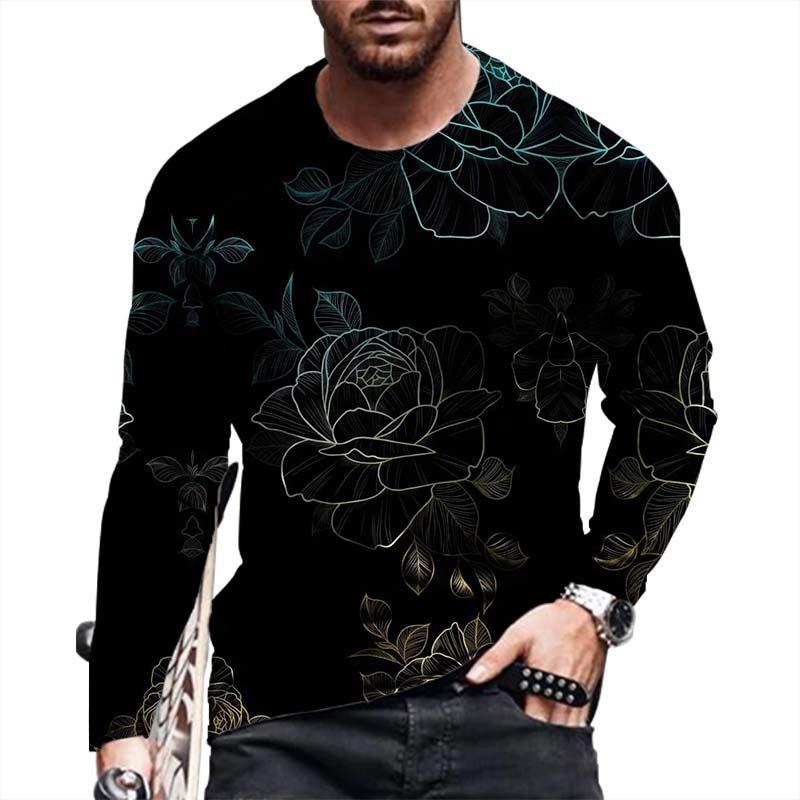 Casual Rose 3D Digital Printing Men'S Casual Fashion Long Sleeve Crew Neck T-Shirt
