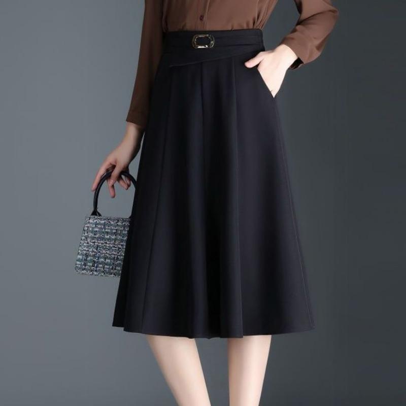 Women's Spring Autumn Black High Waist A-line Midi Skirt With Pockets