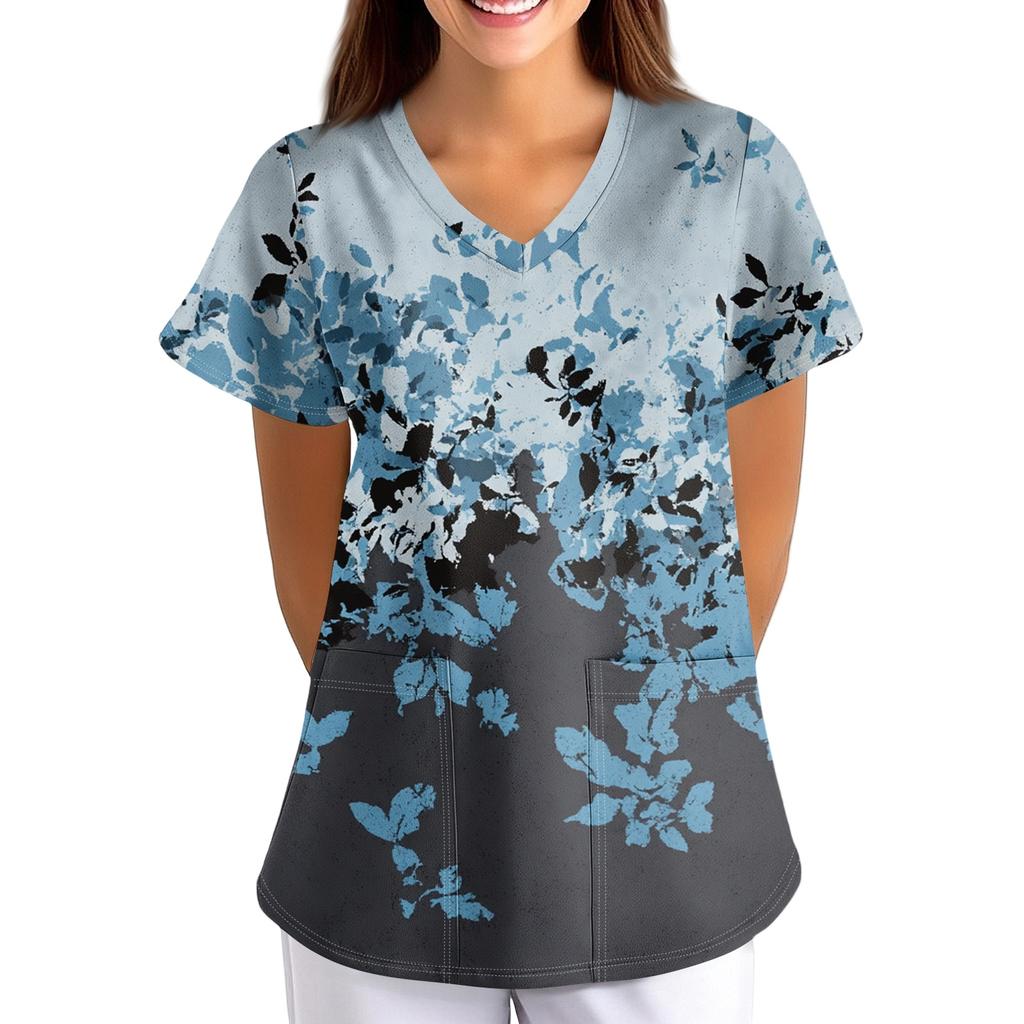 Women's Short Sleeve V Neck Vintage Floral Print Pocket Nurse Scrub Top Medical Uniform Shirt for Healthcare Professionals