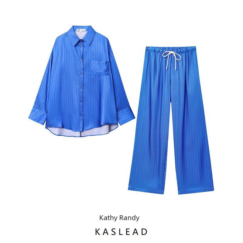 Kaslead New Women clothes Western Style Loose Stripe Shirts Casual Trousers 7563253 7563252