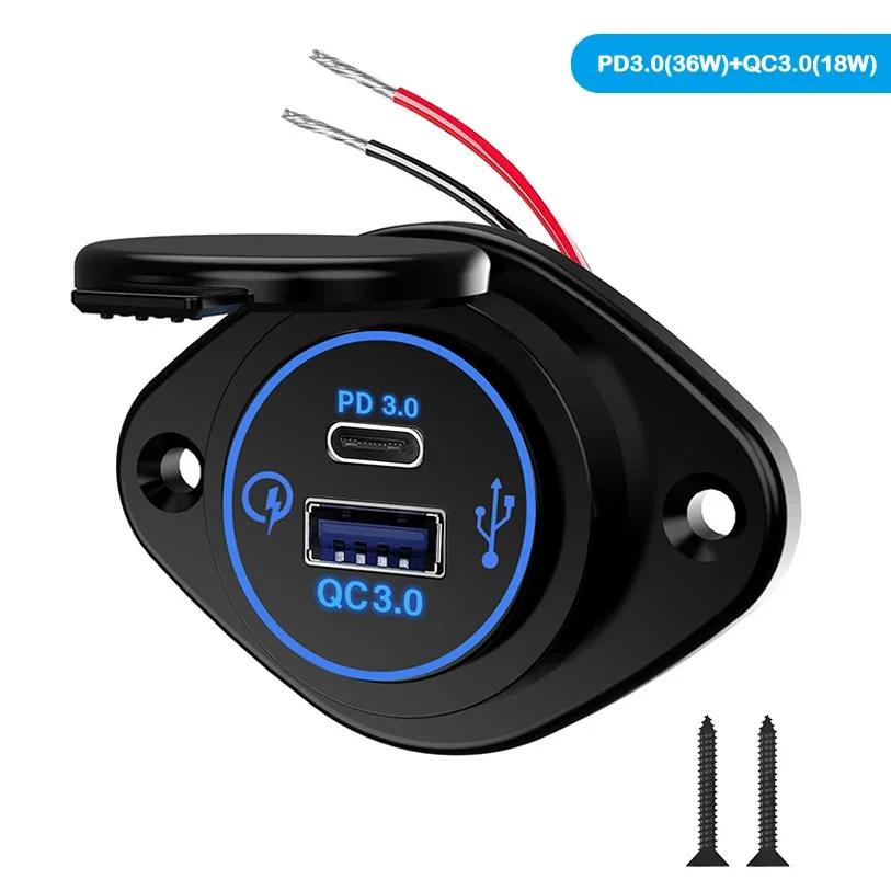 12V Quick Charge 3.0 Dual USB C Charger Power Socket Adapter Fast Charging Panel Wall Mount Outlet for Motorbike Car Boat Camper