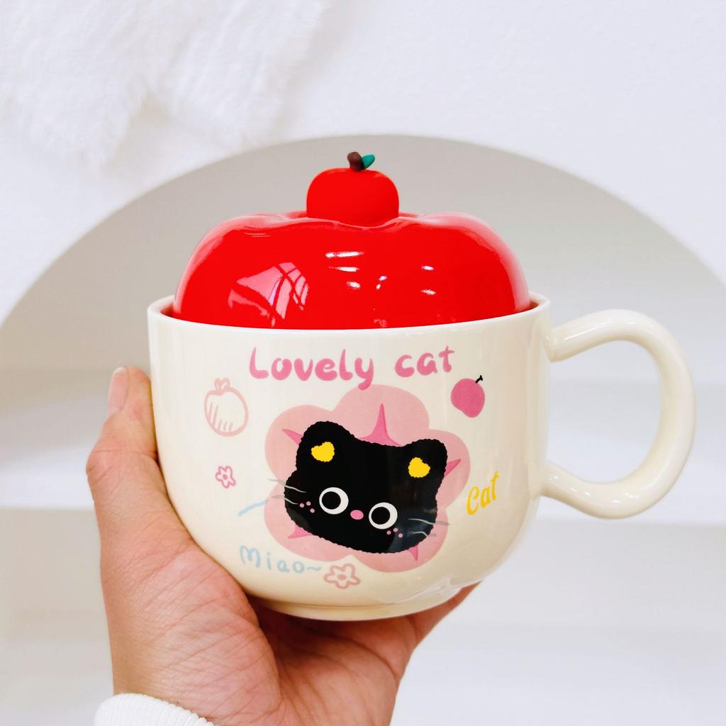 Apple Cat Red Souvenir Set Cartoon Cute Festive Ceramic Cup with Lid Spoon Mug Personalized Hand Cup