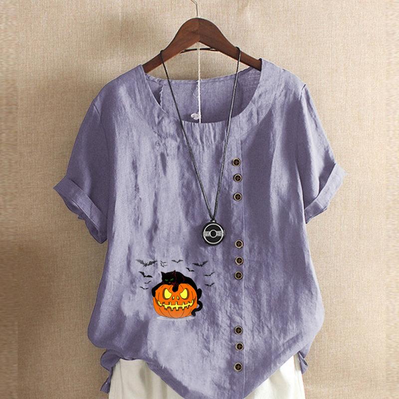 Women's Fashion Round Neck Short Sleeve T-shirt Casual Cotton Linen Graphic Shirt Leisure Loosepumpkin Lantern Prined Summer Blouse Tops