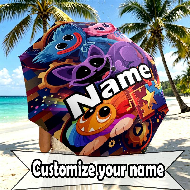 Custom Name Personalized Poppy Playtime Print Umbrella, Auto Open Close, 8‑Rib Sturdy Frame, Commute Camping Hiking Use, Birthday Gift