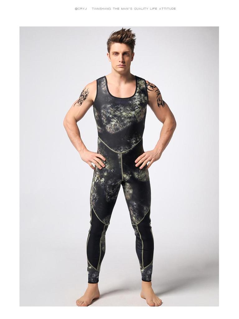 Kamuflážový 3mm potápěčský a spearfishingový neopren s kapucí - Chladuvzdorný a teplý jednodílný oblek pro freediving a lov