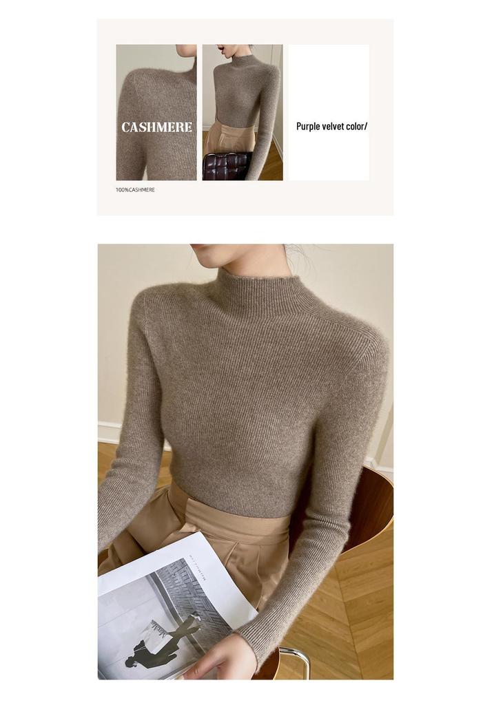 Women's Autumn/Winter Pure Cashmere Striped Slim-Fit Sweater with Half-High Neck