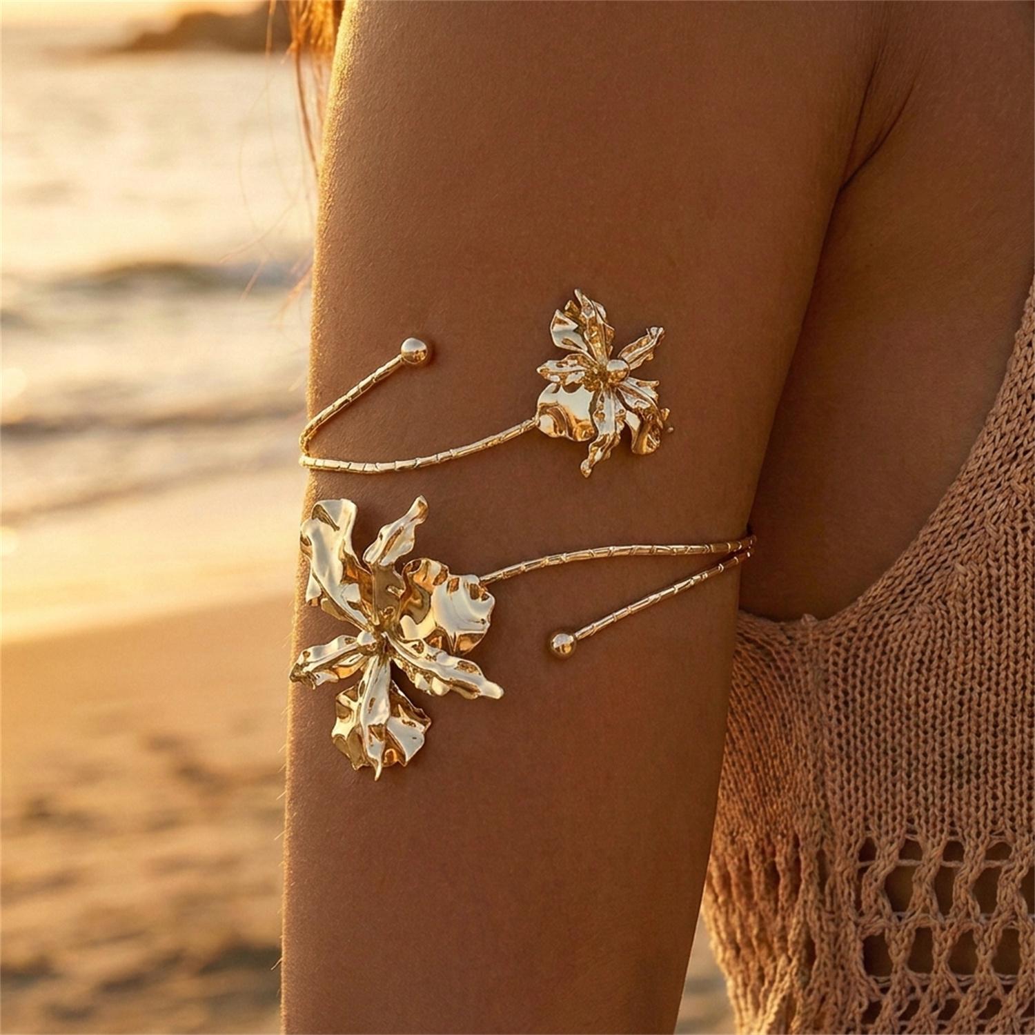 

Gold Tone Flower Open Arm Cuff Bracelet For Women Adjustable Floral Armband Statement Jewelry For Beach Party Occasions