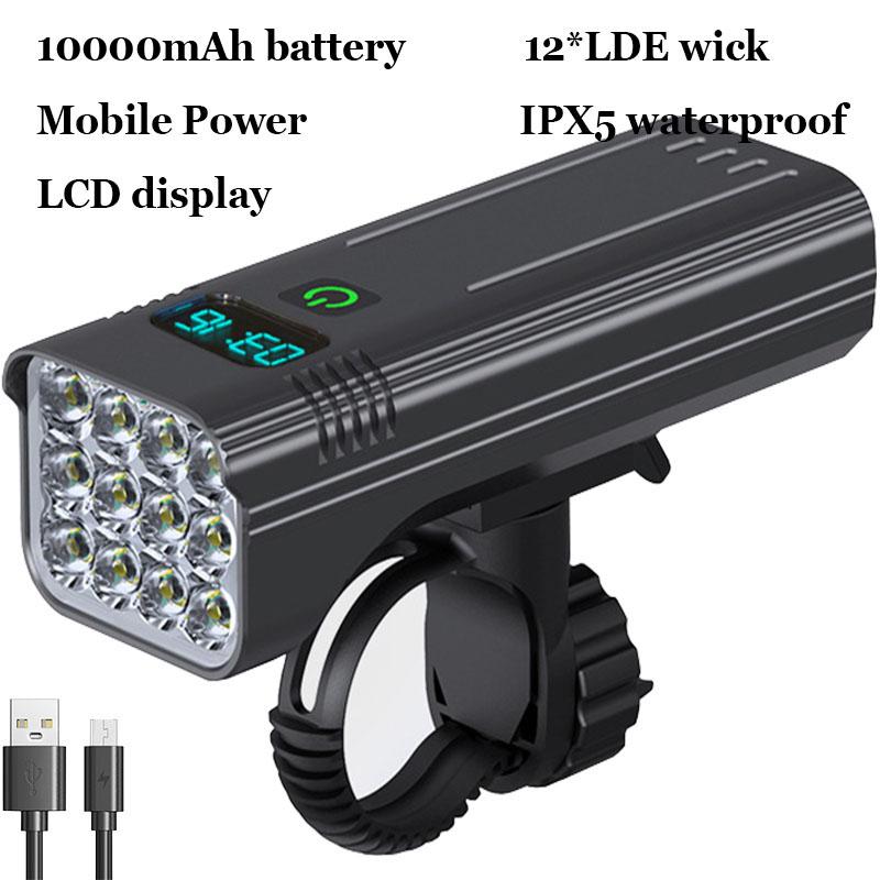 12 LED Bright Bicycle Light USB Rechargeable Bike Headlight Waterproof Bike 10000mAh Powerful Flashlight Cycling Accessories 120LDE-10000mAh
