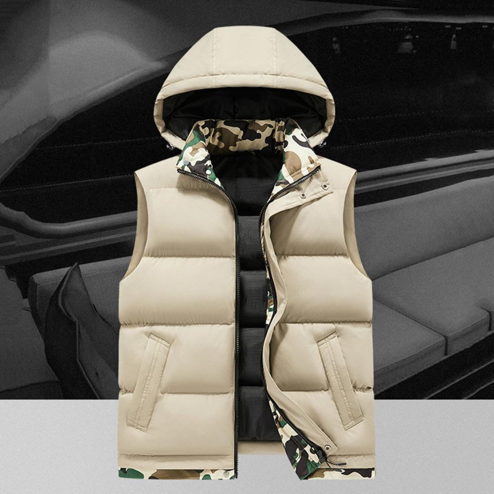 Men Hooded Vest Camouflage Liner Autumn Winter Stand Collar Warm Windproof Slant Pockets Zipper Closure Casual Male Sleeveless W