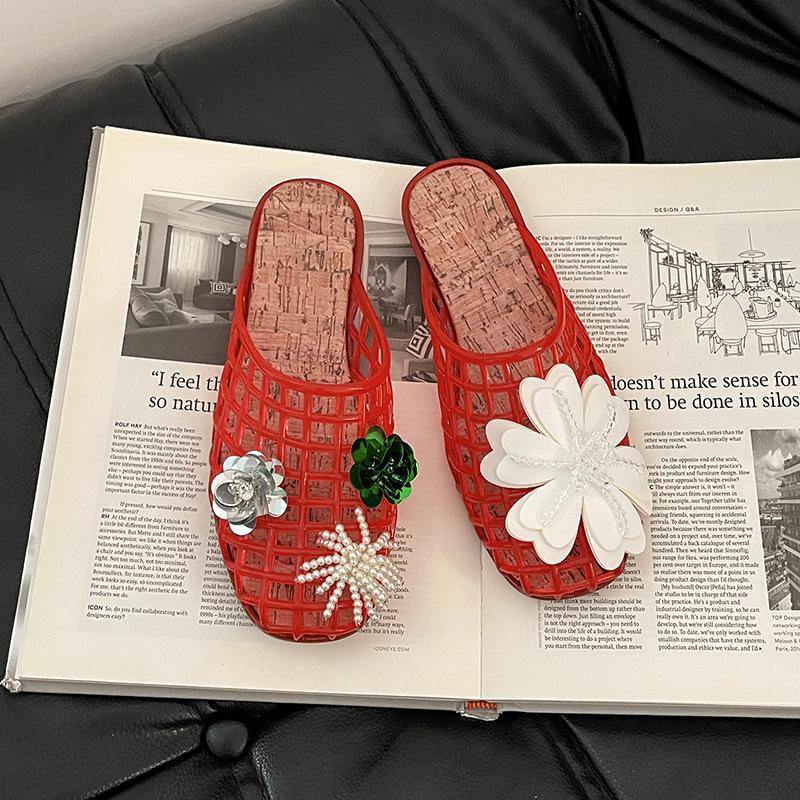 Baotou Half Slippers Korean Version Niche Design Cool Slippers Women's 2025 Summer Hollow Sequins Crystal Sandals Breathable