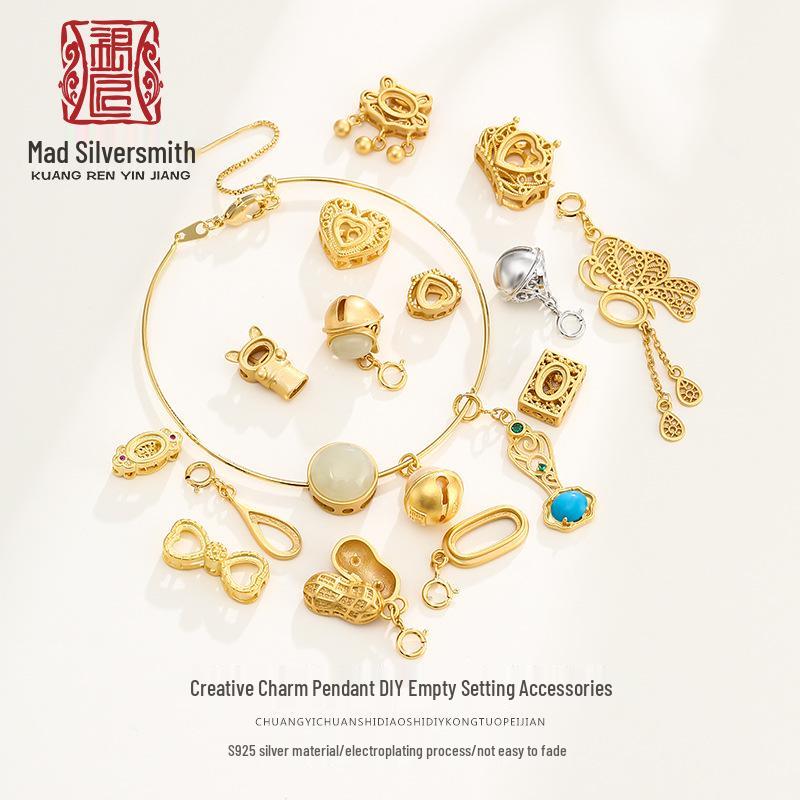 

Handmade S925 Silver DIY Bracelet: Gold Beaded Spacer Accessories with Jasper Pendant and Empty Setting