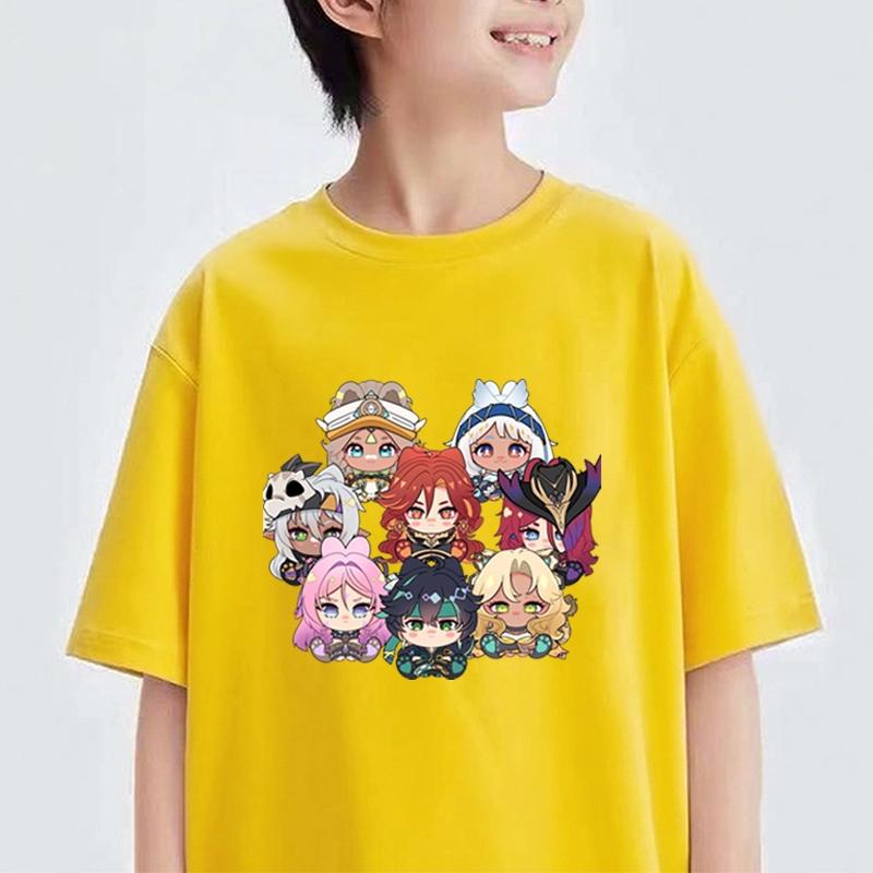 

Принтованная футболка Genshin Impact для мальчиков, повседневная футболка Харадзюку с круглым вырезом и коротким рукавом, подростковая детская одежда, детская красочная футболка 3XL жёлтый