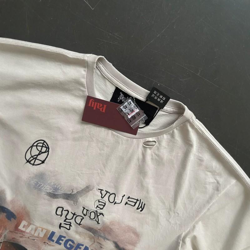 Mens Oversized Cotton Tee With Washed Distressed Letter Print High Street Style Casual T-Shirt
