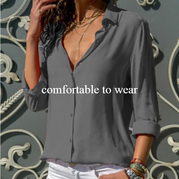 Vår Høst Kvinner Ensfarget Button Up Chiffon Bluse Casual Langermet Plus Size Topper