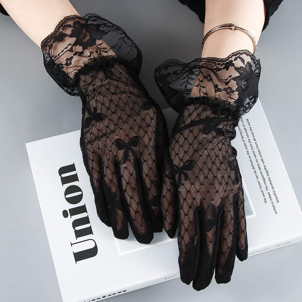 Mesh Bridal Gloves Full Finger Tulle Mittens Fashion Bow Short Sunscreen Lace Gloves  Women