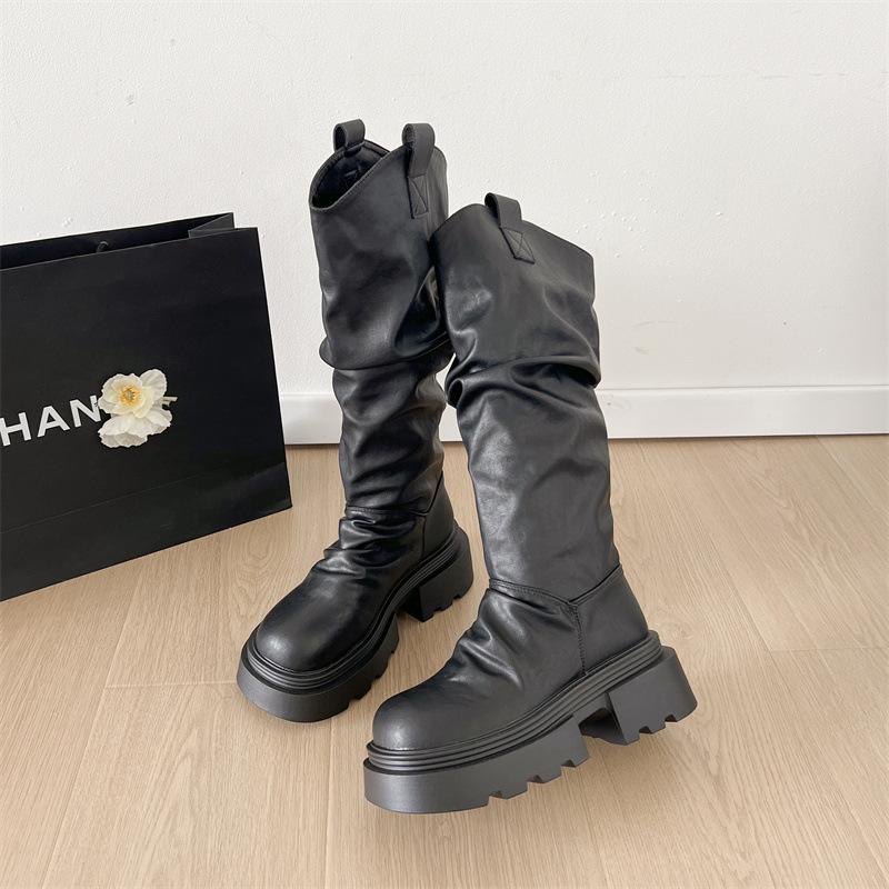 

Brown slim British thick heel platform long knight boots women s shoes 2025 new retro heightening v-port stacking boots 35 чёрный
