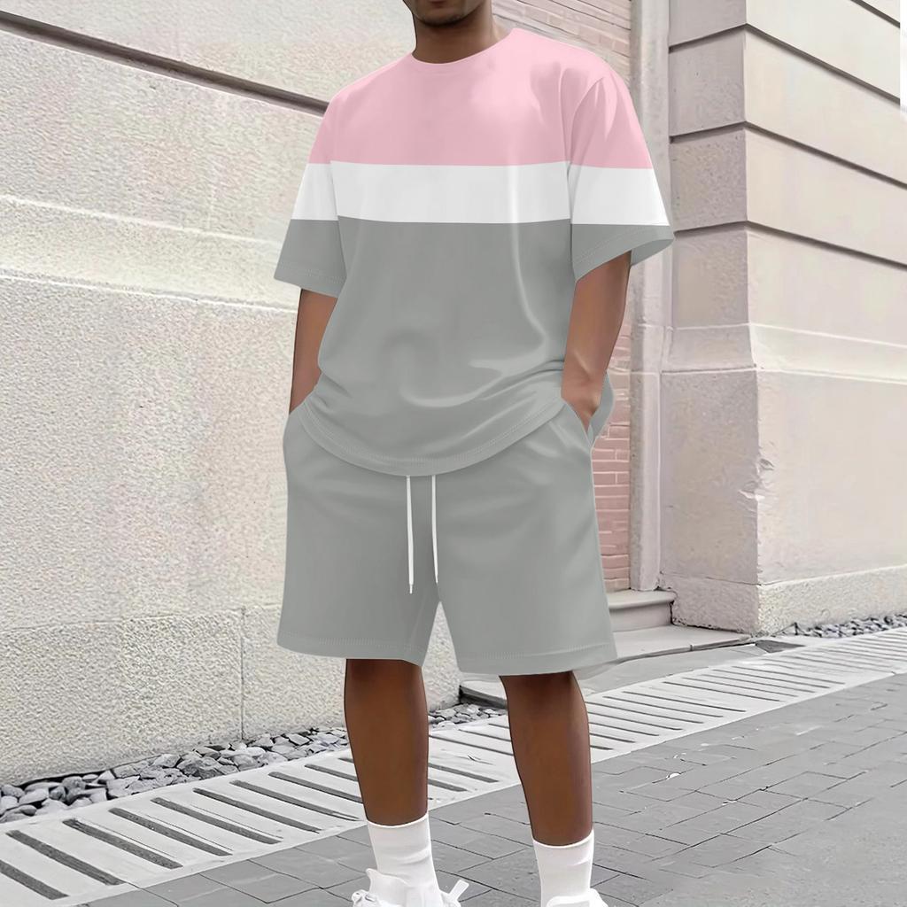 Men's Casual Short Sleeve Crew Neck T-Shirt and Shorts Set Striped Pattern Lightweight Breathable Summer Outfit for Daily Wear