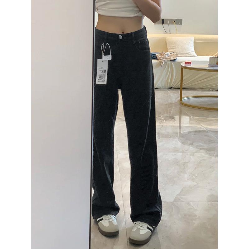Fleece thickened jeans women's winter pear-shaped body loose high waist thin straight wide-leg pants