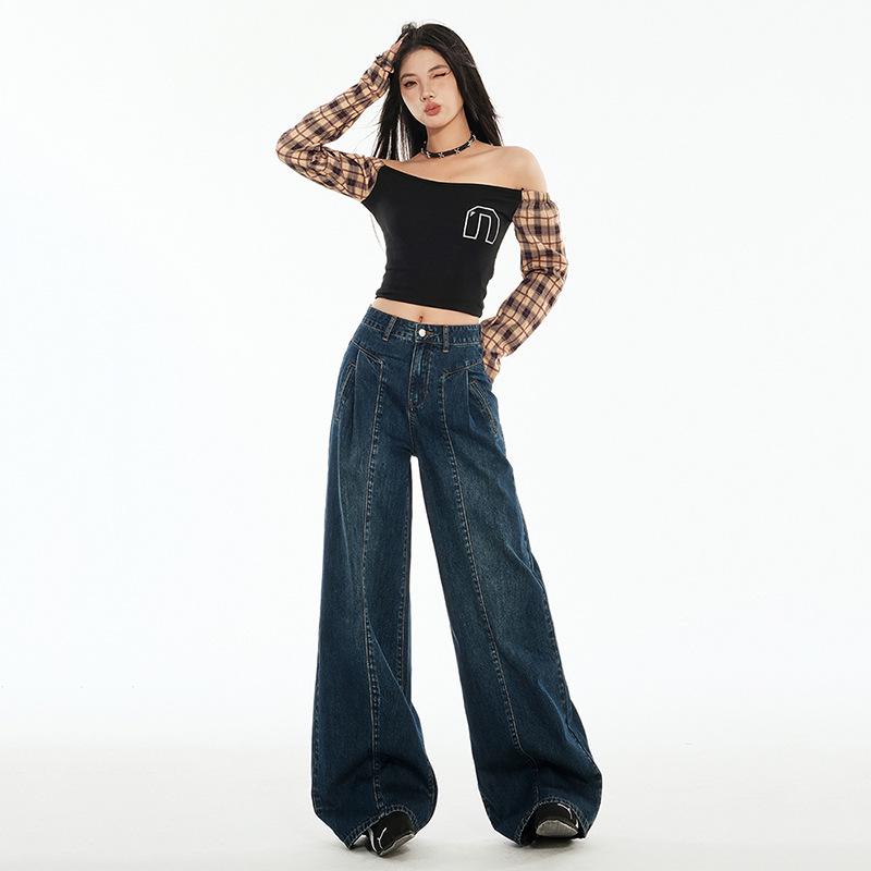 Women's Autumn High-Waisted Hong Kong Style Floor-Sweeping Loose Jeans