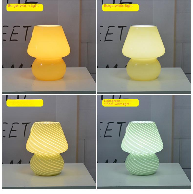 American Medieval Vintage Striped Glass Mushroom Table Lamp with USB - Retro Bedside Night Light