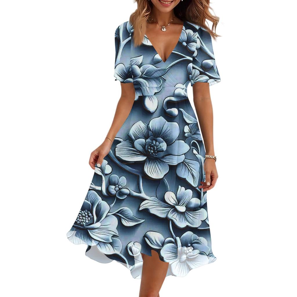 Women's Fashion Casual V-Neck Short Sleeve Floral Print Dress