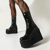 Foam Light-weight Sole Platform Wedges High Heels Girls Shoes Gloss Patent PU Leather Red White Ankle Stretch Booties Gothic Women Black Boots