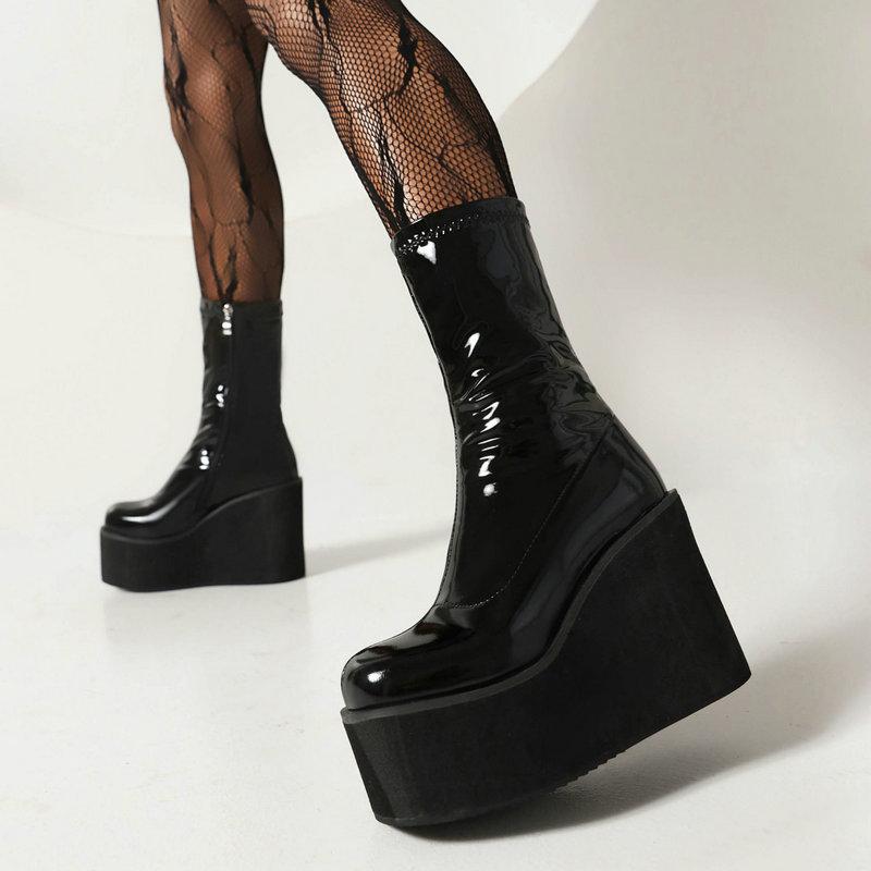 Foam Light-weight Sole Platform Wedges High Heels Girls Shoes Gloss Patent PU Leather Red White Ankle Stretch Booties Gothic Women Black Boots
