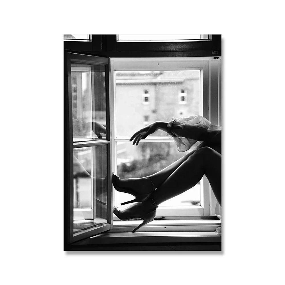 Black White Angel Wings Fashion Poster Nude Woman Wine Glass Canvas Print Painting Sexy Beautiful Girl Vintage Picture Home Deco